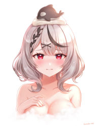 Rule 34 | 1girl, 3:, ?, artist name, black hair, blush, braid, breasts, cleavage, closed mouth, collarbone, commentary request, completely nude, cropped torso, hair ornament, hairclip, hand on own chest, highres, hololive, jackmiho, large breasts, looking at viewer, multicolored hair, nude, orca, red eyes, sakamata chloe, short hair, silver hair, simple background, solo, streaked hair, two-tone hair, upper body, virtual youtuber, wet, white background, x hair ornament