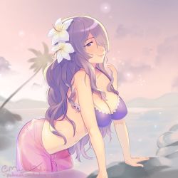 Rule 34 | 1girl, artist name, bikini, breasts, camilla (fire emblem), camilla (summer) (fire emblem), cleavage, closed mouth, cloud, fire emblem, fire emblem fates, fire emblem heroes, flower, hair flower, hair ornament, hair over one eye, large breasts, long hair, nintendo, palm tree, purple eyes, purple hair, roarke (lavenderincubus), sarong, see-through, sky, solo, swimsuit, tree, water