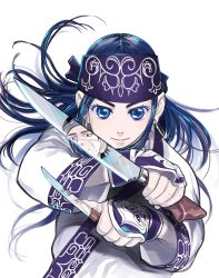 Rule 34 | 10s, 1girl, absurdres, ainu clothes, asirpa, bandana, blue eyes, blue hair, child, dual wielding, earrings, fighting stance, floating hair, glint, golden kamui, golden kamuy, highres, holding, holding knife, hoop earrings, jewelry, jpeg artifacts, knife, long hair, long sleeves, looking at viewer, matching hair/eyes, noda satoru, official art, reflection, scar, serious, simple background, solo, sugimoto saichi, upper body, weapon, white background