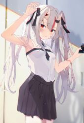Rule 34 | 1girl, armpits, black necktie, black ribbon, black skirt, blurry, blush, breasts, cellphone, collared shirt, commentary request, cowboy shot, depth of field, grey hair, hair between eyes, hair ribbon, hands up, highres, holding, holding phone, holding ribbon, hololive, horns, long hair, looking at viewer, midorikawa (tawf5452), multicolored hair, nakiri ayame, nakiri ayame (streetwear), necktie, open mouth, phone, pleated skirt, red eyes, red hair, ribbon, shirt, shirt tucked in, skin-covered horns, skirt, sleeveless, sleeveless shirt, small breasts, smartphone, solo, standing, streaked hair, twintails, very long hair, virtual youtuber, white hair, white horns, white shirt