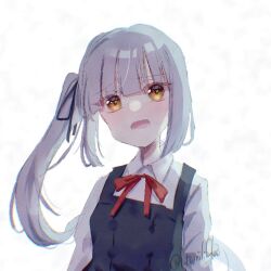 Rule 34 | 1girl, brown eyes, collared shirt, dress, dress shirt, grey hair, kantai collection, kasumi (kancolle), kasumi kai ni (kancolle), long hair, long sleeves, neck ribbon, one-hour drawing challenge, open mouth, pinafore dress, red ribbon, ribbon, rifuka, shirt, side ponytail, simple background, sleeveless, sleeveless dress, solo, upper body, white background, white shirt