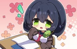 Rule 34 | 1girl, :d, black hair, black sailor collar, blush, breasts, brown jacket, chair, chibi, commentary request, desk, floral background, green eyes, hair between eyes, halftone, halftone background, headphones, headphones around neck, highres, jacket, kyoumachi seika, large breasts, long sleeves, looking at viewer, milkpanda, on chair, open clothes, open jacket, open mouth, sailor collar, school chair, school desk, school uniform, serafuku, shirt, short eyebrows, sitting, sleeves past fingers, sleeves past wrists, smile, solo, thick eyebrows, voiceroid, white shirt