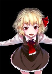 Rule 34 | 1girl, black background, blonde hair, fang, female focus, hair ribbon, open mouth, outstretched arms, red eyes, ribbon, rumia, short hair, simple background, sinzan, solo, touhou