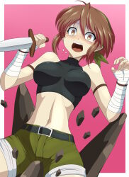 1girl absurdres bandaged_wrist bandages bandit_(tales_of_destiny_2) belt black_belt black_sports_bra blush border breasts brown_hair clam_curry commentary_request constricted_pupils cowboy_shot crotch_kick dagger green_hairband green_shorts hairband highres holding holding_dagger holding_knife holding_weapon knife looking_at_viewer medium_breasts midriff navel open_mouth outside_border paid_reward_available pain pink_background reverse_grip rock ryona short_hair shorts solo sports_bra tales_of_(series) tales_of_destiny_2 tearing_up teeth upper_teeth_only weapon white_border