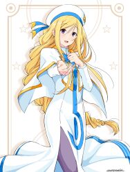 Rule 34 | 1girl, alicia florence, andanden, aria (manga), aria company uniform, beret, blue bow, blue bowtie, blue ribbon, bow, bowtie, braid, capelet, dress, eyelashes, feet out of frame, gold trim, hair between eyes, hands up, hat, hat ribbon, highres, long dress, long hair, long sleeves, open mouth, outstretched arm, pantyhose, parted bangs, purple eyes, purple pantyhose, ribbon, side slit, signature, solo, standing, swept bangs, white capelet, white dress, white hat