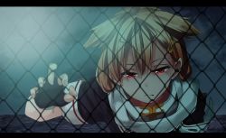 Rule 34 | 10s, 1girl, bad id, bad twitter id, black gloves, blonde hair, chain-link fence, eyebrows, fang, fang out, fence, fingerless gloves, gloves, hair flaps, hair ornament, hairclip, highres, kakutasu, kantai collection, letterboxed, looking at viewer, lying, messy hair, narrowed eyes, night, night sky, on stomach, red eyes, scarf, sky, solo, yuudachi (kancolle), yuudachi kai ni (kancolle)