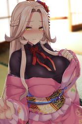 Rule 34 | 1girl, black shirt, blush, braid, breasts, closed mouth, collarbone, commentary, fang, fang out, flower, hair between eyes, hair flower, hair ornament, highres, indoors, japanese clothes, kimono, large breasts, long hair, looking at viewer, nijisanji, nui sociere, nui sociere (3rd costume), obi, ocha (ochappie), off shoulder, parted bangs, photo background, pink kimono, sash, shirt, smile, solo, tatami, very long hair, virtual youtuber, yellow eyes