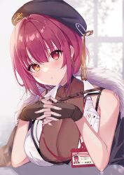 Rule 34 | 1girl, absurdres, bare shoulders, fingerless gloves, gloves, highres, hololive, houshou marine, houshou marine (businesswoman), looking at viewer, miyakoto, official alternate costume, red eyes, red hair, short hair, solo, virtual youtuber, yellow eyes