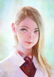 Rule 34 | 1girl, blonde hair, blue background, closed mouth, commentary request, eyebrows, green eyes, highres, lips, long hair, looking at viewer, nababa, necktie, original, pink lips, portrait, realistic, red necktie, robe, smile, solo, upper body