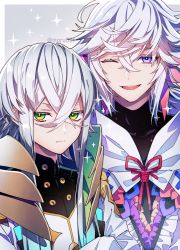Rule 34 | 2boys, asclepius (fate), blinking, blush, bow, fate/grand order, fate (series), green eyes, hair between eyes, jacket, light particles, long hair, long sleeves, looking at viewer, male focus, merlin (fate), moru, multicolored hair, multiple boys, one eye closed, open mouth, purple eyes, red bow, ribbon, robe, smile, sparkle, upper body, very long hair, white hair