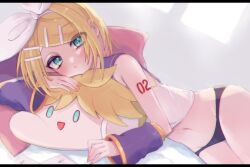 Rule 34 | 1girl, aqua eyes, bare shoulders, black panties, blonde hair, blush, bow, bow hairband, character doll, detached sleeves, dutch angle, hair bow, hair ornament, hairband, hairclip, highres, kagamine rin, looking at viewer, lying, midriff, navel, nnc225, number tattoo, on bed, on side, panties, pillow, purple sailor collar, purple sleeves, sailor collar, shirt, short hair, shoulder tattoo, sleeveless, sleeveless shirt, solo, tattoo, tsurime, underwear, vocaloid, white bow, white hairband, window, yellow nails