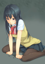 Rule 34 | 1girl, black hair, black pantyhose, bow, crying, crying with eyes open, long hair, no shoes, original, pantyhose, purple eyes, revision, school uniform, shirt, short sleeves, sitting, skirt, solo, sweater vest, tears, unasaka ryou, vest, wariza, wavy mouth