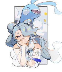 Rule 34 | 1girl, altaria, bare shoulders, blue hair, closed eyes, clothing cutout, coral (coral l33), creatures (company), detached sleeves, double bun, flying miku (project voltage), game freak, gen 3 pokemon, gradient hair, hair bun, hair over one eye, hand on own cheek, hand on own face, hatsune miku, highres, long hair, multicolored hair, nintendo, pokemon, pokemon (creature), project voltage, see-through, see-through sleeves, shoulder cutout, smile, twintails, very long hair, vocaloid, wind chime
