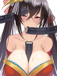 Rule 34 | ariso kaoru, azur lane, breasts, cleavage, commentary request, ehoumaki, food, hair between eyes, highres, large breasts, long hair, makizushi, sexually suggestive, simple background, sushi, taihou (azur lane), twintails, upper body, white background