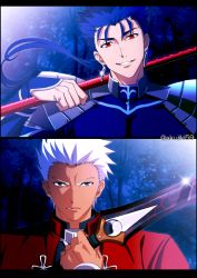 Rule 34 | 2boys, akujiki59, archer (fate), armor, artist name, blue hair, brown eyes, commentary request, cu chulainn (fate), cu chulainn (fate/stay night), earrings, fate (series), floating hair, glint, hand up, holding, jewelry, long hair, looking at viewer, male focus, multiple boys, official style, parted lips, ponytail, red eyes, short hair, shoulder plates, smile, smirk, spiked hair, upper body, white hair