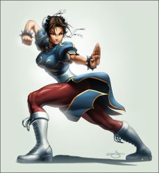 Rule 34 | 1girl, boots, bracelet, breasts, brown eyes, brown hair, bun cover, capcom, china dress, chinese clothes, chun-li, double bun, dress, fighting stance, highres, jewelry, large breasts, muscular, omar dogan, pantyhose, pelvic curtain, short hair, signature, smirk, solo, spiked bracelet, spikes, street fighter, thick thighs, thighs