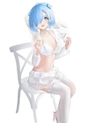 Rule 34 | 1girl, :d, absurdres, bare shoulders, bikini, bikini skirt, blue eyes, blue hair, breasts, chair, commentary, derlyt, detached sleeves, highres, large breasts, long sleeves, looking at viewer, navel, open mouth, re:zero kara hajimeru isekai seikatsu, rem (re:zero), short hair, simple background, sitting, smile, solo, stomach, swimsuit, thighhighs, veil, white background, white bikini, white thighhighs