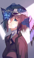 Rule 34 | 1girl, absurdres, bandage on face, bandaged head, bandaged neck, bandages, blue butterfly, blue eyes, breasts, brown hair, brown shirt, bug, butterfly, collared shirt, flower, hair flower, hair ornament, hair over one eye, head wings, highres, insect, looking at viewer, medium breasts, original, parted lips, purple flower, purple wings, shirt, short hair, single head wing, single wing, siro joon, solo, upper body, wings