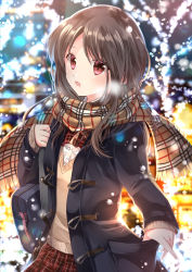 Rule 34 | 1girl, black coat, blurry, blurry background, blush, brown hair, brown scarf, brown sweater, coat, commentary request, depth of field, dress shirt, duffel coat, enpera, fringe trim, hair between eyes, head tilt, highres, iroha (shiki), long hair, long sleeves, looking at viewer, open clothes, open coat, original, parted lips, plaid, plaid scarf, plaid skirt, pleated skirt, red eyes, red skirt, scarf, shirt, skirt, sleeves past wrists, snow, solo, sweater, white shirt