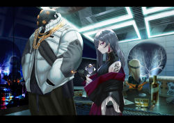 Rule 34 | 1boy, 2girls, absurdres, alcohol, blonde hair, case, chain, cityscape, cyberpunk, cyborg, drugs, earrings, facing away, gloves, gold chain, gold necklace, hair over one eye, highres, indoors, jewelry, kiseru, letterboxed, looking at viewer, looking to the side, money, multiple girls, necklace, off shoulder, original, panamuru, purple eyes, smoking pipe, tattoo, white hair