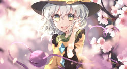 Rule 34 | 1girl, blouse, bow, branch, breasts, buttons, cherry blossoms, collared shirt, commentary request, crystal, dise (psychoro), eyes visible through hair, flower, frills, green eyes, grey hair, grey hat, hair between eyes, hand up, hat, hat bow, highres, jewelry, komeiji koishi, light, long sleeves, looking to the side, medium breasts, open mouth, petals, pink flower, shadow, shirt, short hair, smile, solo, sunlight, teeth, third eye, tongue, touhou, tree, upper body, wide sleeves, yellow bow, yellow shirt