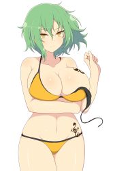 Rule 34 | 1girl, arm under breasts, arm up, bikini, breast tattoo, breasts, cleavage, closed mouth, collarbone, commentary request, cowboy shot, expressionless, floating hair, green hair, groin, hair between eyes, highres, hikage (senran kagura), ichiryuu tsumiki, jitome, large breasts, looking at viewer, messy hair, navel, senran kagura, short hair, simple background, slit pupils, solo, standing, strap slip, swimsuit, tattoo, white background, yellow bikini, yellow eyes