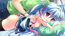Rule 34 | 1girl, bed, blue hair, blush, breasts, censored, game cg, hair ornament, long hair, luluna, magical marriage lunatics!!, moonstone, nipples, open mouth, penis, pillow, purple eyes, ribbon, thighhighs, twintails, yamakaze ran