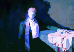 Rule 34 | 1boy, alternate costume, black eyes, black nails, black pants, blood, blood on hands, chain, closed mouth, collared shirt, dress shirt, expressionless, extra eyes, facial mark, facial tattoo, forehead mark, formal, half-closed eyes, hand on table, huangdanlan, jujutsu kaisen, long sleeves, looking to the side, male focus, nail polish, neck ribbon, neckerchief, outstretched arm, pants, pink hair, red pupils, ribbon, ryoumen sukuna (jujutsu kaisen), shirt, short hair, sideways glance, sitting, solo, spiked hair, stole, suit, table, tablecloth, tattoo, tsurime, undercut, white neckwear, white shirt