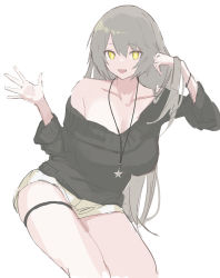 Rule 34 | 1girl, absurdres, black sweater, breasts, casual, cleavage, ff frbb122, girls&#039; frontline, grey hair, highres, jewelry, long hair, necklace, off-shoulder sweater, off shoulder, shorts, simple background, single bare shoulder, solo, star (symbol), sweater, ump40 (girls&#039; frontline), white background, white shorts, yellow eyes