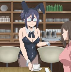 Rule 34 | 2girls, animal ears, asai ami, bare shoulders, black bow, black bowtie, black hair, black leotard, blush, bow, bowtie, breasts, cleavage, cup, detached collar, embarrassed, faceless, faceless female, fake animal ears, glasses, groin, highres, holding, holding plate, indoors, large breasts, leaning forward, leotard, multiple girls, no bra, pantyhose, plate, playboy bunny, rabbit ears, screencap, stitched, thighs, third-party edit, uzaki-chan wa asobitai!, wrist cuffs