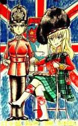 2girls absurdres blonde_hair blue_eyes braid cavalry_sword darjeeling_(girls_und_panzer) earl_grey_(girls_und_panzer) girls_und_panzer highres jacket long_hair multiple_girls red_jacket shaman_(tvzm2787) union_jack united_kingdom