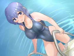 Rule 34 | 1girl, alternate breast size, alternate costume, bad id, bad pixiv id, blue hair, blue one-piece swimsuit, blush, breasts, collarbone, competition swimsuit, from above, gotland (kancolle), highleg, kantai collection, large breasts, long hair, looking at viewer, looking up, mole, mole under eye, one-piece swimsuit, pachio, pool, pool ladder, poolside, ripples, smile, swimsuit, wading, water, wet, wet clothes, wet swimsuit