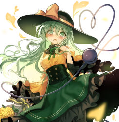 Rule 34 | 1girl, absurdres, adapted costume, alternate hair length, alternate hairstyle, black hat, bouquet, bow, breasts, commentary request, flower, fuepo, green eyes, green hair, green nails, green skirt, hand up, has bad revision, has downscaled revision, hat, hat bow, heart, heart of string, highres, komeiji koishi, long hair, long sleeves, looking at viewer, md5 mismatch, medium breasts, nail polish, open mouth, resolution mismatch, rose, shirt, skirt, smile, solo, source smaller, third eye, touhou, white background, wide sleeves, yellow bow, yellow flower, yellow rose, yellow shirt