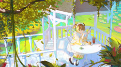 Rule 34 | 1girl, absurdres, animal, ankle strap, apron, black footwear, blonde hair, chair, closed mouth, commentary request, condensation, cup, cupcake, daiba nana, day, drink, drinking glass, elbows on table, falling leaves, food, fork, frilled apron, frills, frog, from above, fruit, gazebo, grass, green eyes, green ribbon, hair between eyes, hair ribbon, hands up, highres, holding, holding fork, ice, ice cube, japanese clothes, kimono, leaf, lily pad, long sleeves, looking at viewer, looking up, maid, maid headdress, official alternate costume, on chair, orange (fruit), orange slice, outdoors, plate, railing, ribbon, scenery, shoes, short hair, short twintails, shoujo kageki revue starlight, sitting, smile, socks, solo, striped clothes, striped kimono, table, tree, twintails, vertical-striped clothes, vertical-striped kimono, wa maid, wannatchears, water, white apron, white socks, wide sleeves, yellow kimono