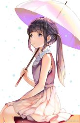 Rule 34 | 1girl, bare shoulders, blunt bangs, commentary, feet out of frame, grey skirt, high-waist skirt, highres, holding, knees together feet apart, long hair, looking up, original, parted lips, pleated skirt, purple eyes, rain, shirt, sibyl, sitting, skirt, solo, twintails, umbrella, vest, white shirt