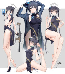 Rule 34 | 1girl, armpits, arms up, au11, bare shoulders, barefoot, black dress, black gloves, black hair, blue archive, breasts, butterfly hair ornament, china dress, chinese clothes, double bun, dragon print, dress, feet, gloves, grey eyes, hair bun, hair ornament, halo, highres, jacket, kisaki (blue archive), kneepits, legs, long hair, looking at viewer, multiple views, open mouth, pelvic curtain, pinstripe jacket, pinstripe pattern, print dress, sleeveless, sleeveless dress, small breasts, soles, striped clothes, striped jacket, toenails, toes, twintails, vertical-striped clothes, vertical-striped jacket