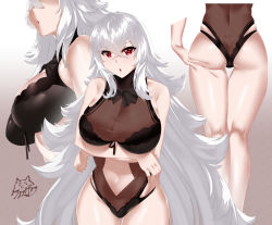 Rule 34 | 1girl, arms under breasts, ass, azur lane, bare shoulders, black bow, black one-piece swimsuit, blush, bow, breasts, clothing cutout, commentary request, crossed arms, crossed bangs, gradient background, graf zeppelin (azur lane), graf zeppelin (beachside urd) (azur lane), highleg, highleg swimsuit, kurozawa yui, large breasts, long hair, looking at viewer, multiple views, navel, navel cutout, one-piece swimsuit, open mouth, red eyes, silver hair, swimsuit, thighs
