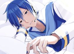 Rule 34 | 1boy, arm support, bed, blue eyes, blue hair, blue nails, blue scarf, coat, commentary, half-closed eyes, head rest, headset, kaito (vocaloid), looking at viewer, lying, male focus, nail polish, nokuhashi, on bed, on side, pov across bed, scarf, solo, upper body, vocaloid, white coat