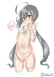 Rule 34 | 1girl, ahoge, bad id, bad twitter id, bare shoulders, blush, breasts, budget sarashi, closed mouth, collarbone, cosplay, cowboy shot, cropped legs, ebifurya, eyebrows, gluteal fold, grey eyes, grey hair, groin, hair between eyes, hair ribbon, hands on own chest, highres, inactive account, kantai collection, kiyoshimo (kancolle), long hair, musashi (kancolle), musashi (kancolle) (cosplay), navel, ribbon, sarashi, simple background, small breasts, solo, speech bubble, spoken blush, stomach, twintails, twitter username, very long hair, white background, yellow ribbon