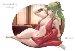 Rule 34 | 1girl, absurdres, anklet, arm up, artist name, bare shoulders, bracelet, breasts, choker, collarbone, commission, fire emblem, fire emblem awakening, foreshortening, green eyes, green hair, groin, highres, jewelry, large breasts, long hair, looking at viewer, lying, melowh, navel, nintendo, on side, perspective, pillow, pointy ears, ponytail, revealing clothes, solo, thighs, tiki (adult) (fire emblem), tiki (fire emblem), white background