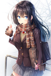 Rule 34 | 1girl, against railing, akashio (loli ace), bag, beige sweater, blue eyes, blush, brown gloves, brown hair, brown jacket, bubble tea, checkered clothes, checkered scarf, commentary request, cup, drinking, drinking straw, gloves, grey skirt, hair between eyes, highres, holding, holding cup, jacket, against railing, long hair, long sleeves, looking at viewer, necktie, original, plaid, plaid skirt, railing, red necktie, scarf, shirt, shoulder bag, sidelocks, skirt, snow, solo, white shirt