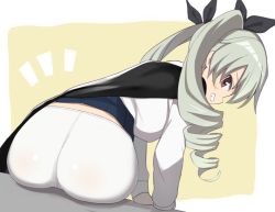 Rule 34 | 10s, 1girl, anchovy (girls und panzer), ass, brown eyes, crotch seam, drill hair, from behind, girls und panzer, glastonbury1966, green hair, hair ribbon, long hair, looking back, pantyhose, ribbon, sitting, solo, white pantyhose