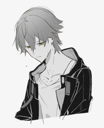 Rule 34 | 1boy, caelus (honkai: star rail), collarbone, cropped torso, crying, crying with eyes open, greyscale, hair between eyes, highres, honkai: star rail, honkai (series), jacket, looking down, male focus, monochrome, open clothes, open jacket, saba 77, shirt, short hair, sidelocks, simple background, solo, spot color, tears, trailblazer (honkai: star rail), white background, yellow eyes