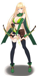 Rule 34 | 1girl, absurdres, arrow (projectile), bikini, black thighhighs, blonde hair, blue eyes, bow (weapon), breasts, brown gloves, elf, gloves, green bikini, green footwear, highres, holding, holding arrow, large breasts, long hair, looking at viewer, navel, original, pointy ears, raise094, single glove, solo, swimsuit, thighhighs, very long hair, weapon