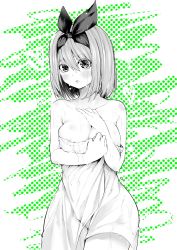 Rule 34 | 1girl, areola slip, bare shoulders, blush, breasts, cleavage, collarbone, covering breasts, covering privates, go-toubun no hanayome, greyscale, groin, hair ribbon, hand on own chest, highres, large breasts, looking at viewer, monochrome, nakano yotsuba, naked towel, partially visible vulva, ribbon, sawada kou, short hair, thighs, towel, wet