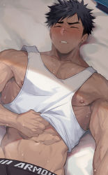 Rule 34 | 1boy, abs, bara, black male underwear, blush, clothes lift, dark-skinned male, dark skin, hao (haozz), large pectorals, lying, male focus, male underwear, muscular, muscular male, navel, nipples, on back, original, out-of-frame censoring, paid reward available, pectoral cleavage, pectorals, paid reward available, scar, scar on face, scar on nose, shirt lift, short hair, sideburns, sidepec, solo, stomach, sweat, tank top, thick eyebrows, underwear, white tank top