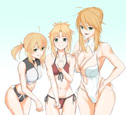 Rule 34 | 3girls, ahoge, artoria pendragon (all), artoria pendragon (fate), artoria pendragon (swimsuit archer) (fate), artoria pendragon (swimsuit archer) (second ascension) (fate), artoria pendragon (swimsuit ruler) (fate), artoria pendragon (swimsuit ruler) (second ascension) (fate), bare shoulders, bikini, blonde hair, blue background, blush, braid, breasts, cleavage, cleavage cutout, closed mouth, clothing cutout, collarbone, cowboy shot, eyes visible through hair, fate/grand order, fate (series), gradient background, green eyes, grey bikini, hair between eyes, hair bun, hand on own hip, highres, large breasts, leotard, long hair, looking at viewer, low ponytail, medium breasts, mordred (fate), mordred (fate) (all), mordred (fate/apocrypha), mordred (swimsuit rider) (fate), mordred (swimsuit rider) (first ascension) (fate), multiple girls, navel, negajo, one-piece swimsuit, open mouth, parted bangs, ponytail, red bikini, sidelocks, single hair bun, small breasts, smile, standing, stomach, swimsuit, thighs, white background, white bikini, white one-piece swimsuit