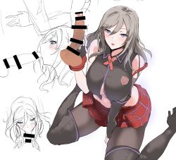 Rule 34 | 1girl, alisa ilinichina amiella, bar censor, bare shoulders, black footwear, blue eyes, blush, boots, breasts, censored, commentary request, elbow gloves, erection, fellatio, fingerless gloves, gloves, god eater, god eater 2: rage burst, god eater burst, highres, large breasts, long hair, mogi yasunobu, navel, oral, penis, plaid, plaid skirt, silver hair, sitting, skirt, suspender skirt, suspenders, testicles, thigh boots, thighhighs, wariza