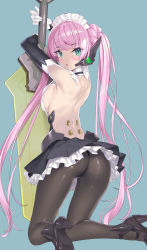 Rule 34 | 1girl, android, ass, bare back, bare shoulders, black pantyhose, blush, breasts, collar, frilled skirt, frills, gloves, green eyes, high heels, highres, isekai maou to shoukan shoujo no dorei majutsu, kneeling, large breasts, looking at viewer, looking back, maid, maid headdress, open mouth, pantyhose, pink hair, rose (isekai maou), sideboob, skirt, tsurusaki takahiro, twintails, weapon, white gloves