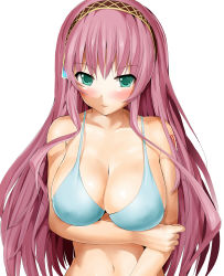 Rule 34 | 1girl, aqua eyes, bikini, blastbeat, blush, breast hold, breast lift, breasts, cleavage, duplicate, hairband, large breasts, long hair, looking at viewer, megurine luka, navel, pink hair, smile, solo, swimsuit, upper body, vocaloid